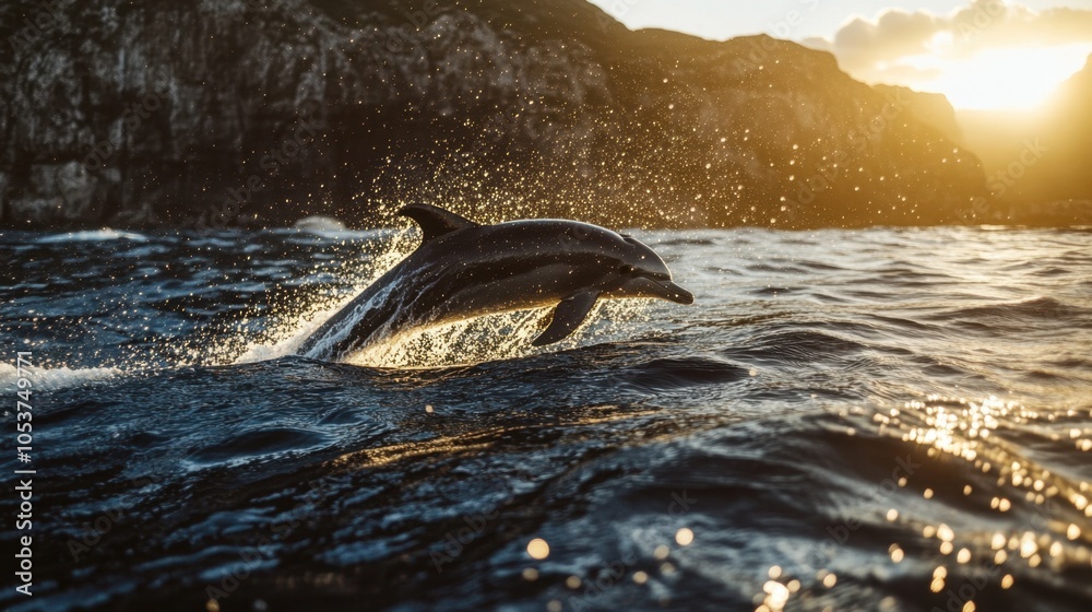 Fototapeta premium Dolphin leaping gracefully from the ocean, water droplets sparkling in the golden sunset light.