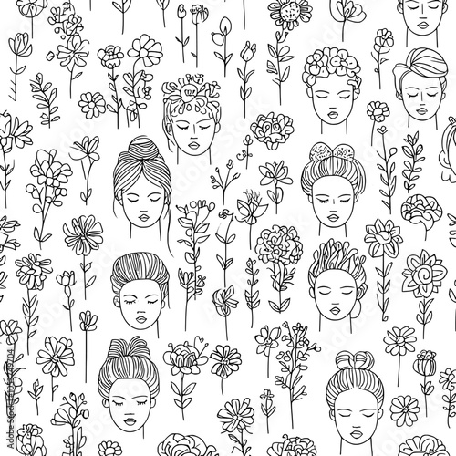 One line women faces pattern. Linear female beauty models, abstract contour lines women portraits, and minimalist style women seamless background.