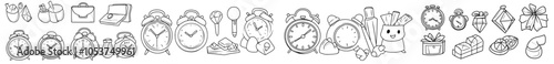 A doodle line icon set showing time and calendar elements. Hand drawn doodle sketch line style business time management, project deadline concept. Stopwatch, clock, calendar cute elements.