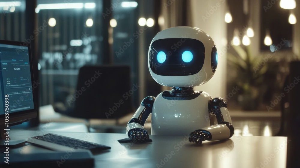 Fototapeta premium A robot assistant working at a modern office during the evening