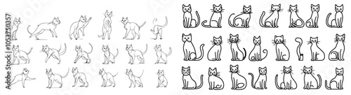 Various cat poses and kitten activities hand drawn in modern style. Minimalist feline outlines.