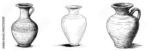 Detailed sketch of a vintage glass transparent vase with two handles, isolated on white with black and white lines