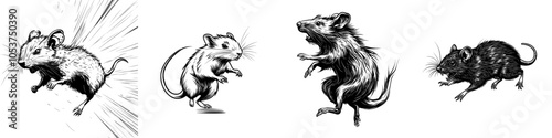 An illustration of a rat sketch drawn by hand. It is in black and white with a white outline. The rat is outlined in white. This is a flat modern illustration.