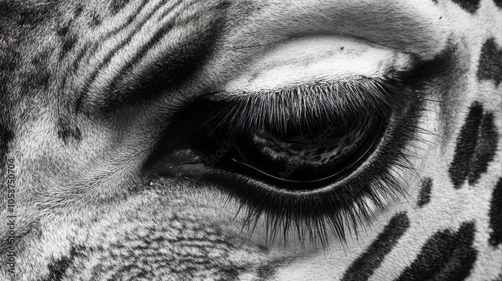 Obraz premium Extreme close-up of giraffe eye, intense gaze at the camera, intricate details in fur and lashes.