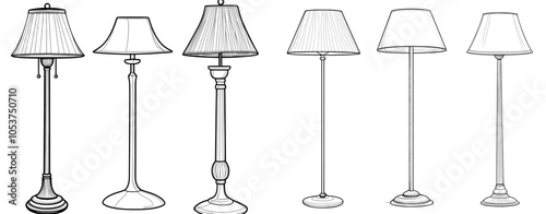 Set of lamp outline icons. Line art modern table lamp, nightlight, chandelier, chandelier, floor lamp. Linear sketches of interior light furniture for decor. Modern illustration isolated on white