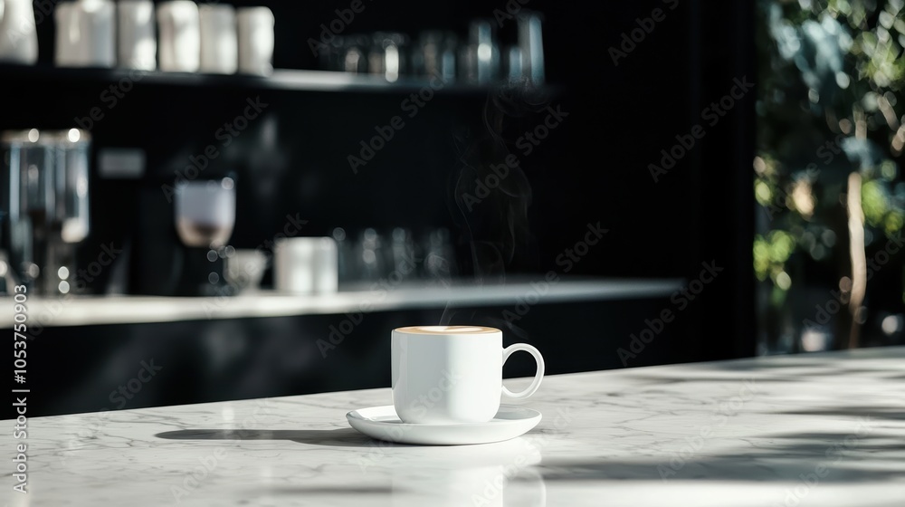Futuristic 3D Coffee Area and Digital Business Icons in Modern Office Setting Futuristic 3D Coffee Area and Digital Business Icons in Modern Office Setting