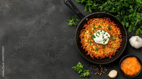 Hanukkah latkes sizzling in a pan, garnished with sour cream and applesauce, Latke cooking, Traditional Hanukkah food photo