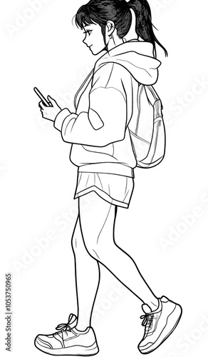 Isolated realistic sketch of a young teen girl with a smartphone walking outdoors on a summer day, a contour drawing in a realistic style with a smartphone.
