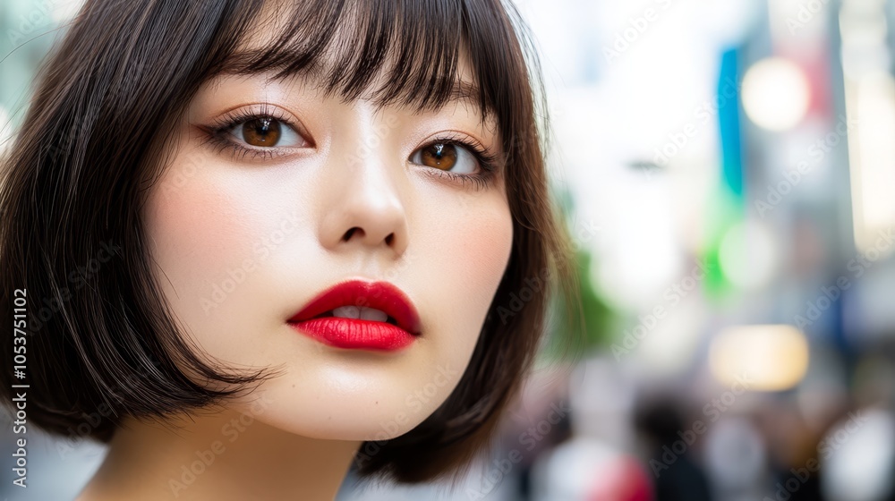 A mannequin's head up-close, sporting a red lipstick, against a city street backdrop A mannequin's head up-close, sporting a red lipstick, against a city street backdrop