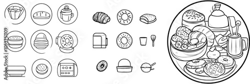 Hand-drawn modern illustration isolated on white background. Bakery doodles set. Cooking elements in sketch style.