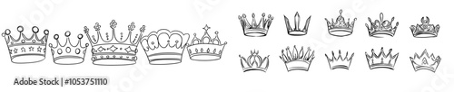 Hand drawn doodle crowns, with majestic king and queen crowns exemplifying regal elegance and artistic flair