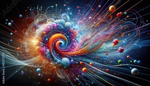 Creative Digital Visualization of Machine Learning with Swirling Lines, Colorful Nodes, and Abstract Data Patterns, Emphasizing AI Algorithms and Dynamic Processes