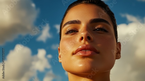  A woman's face, closely framed, set against a backdrop of a blue sky with clouds in the foreground