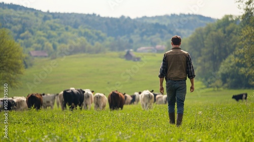 Farmer walking through a grassy field with grazing cows in spring