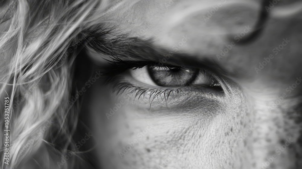 Fototapeta premium A monochrome image of a man's visage featuring long, wavy locks atop his head