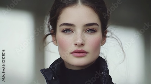  A tight shot of a woman's face, clad in a black turtleneck sweater and a collarless black leather jacket photo