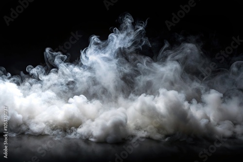 Realistic fog smoke cloud overlay on black background with white dust texture, worm's eye view