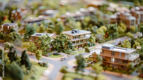 Miniature model of a sustainable residential area is displayed on a table, showing modern architecture and a green environment