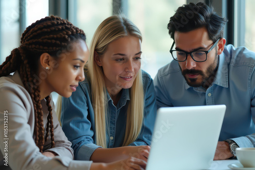 Three business people discussing on a laptop in a professional office setting, surrounded by natural light and a collaborative atmosphere.