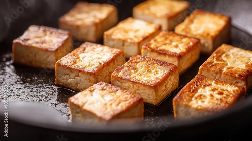 A closeup of tofu slices frying in a pan, vegan ingredients, highprotein vegan meal concept photo