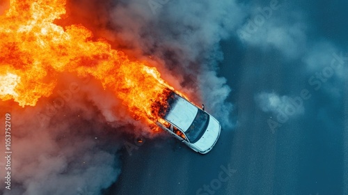 Dramatic image of a firefighter spraying water on a burning car in the middle of a highway with a deep depth of field capturing the intensity of the flames and smoke photo