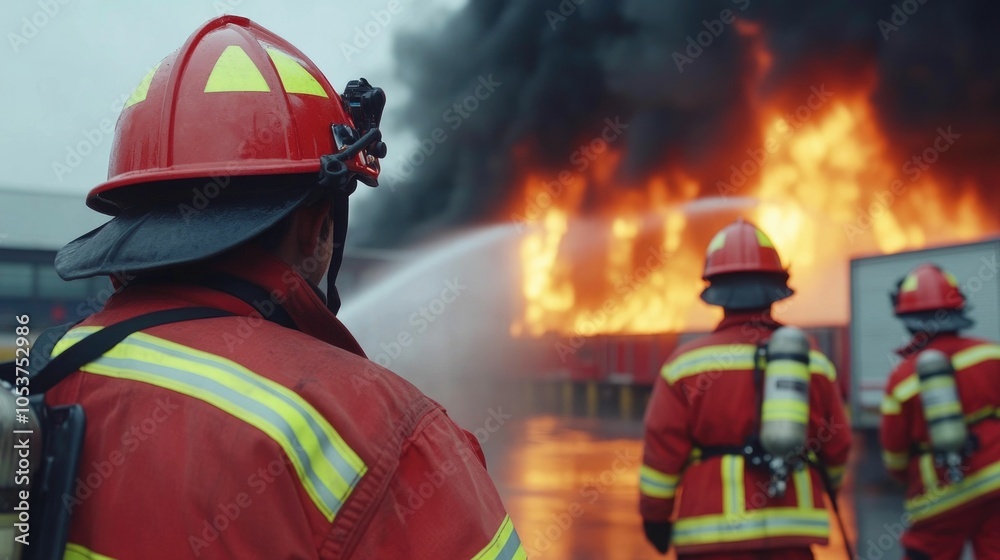 Fototapeta premium A team of professional firefighters battling a raging warehouse fire with thick black smoke billowing into the air as they work to extinguish the intense flames and contain the dangerous