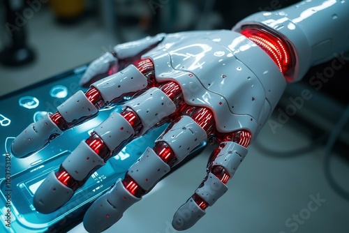 Close-up of a white robotic hand with red glowing components hovering over a digital interface. photo