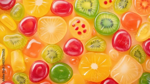 A background filled with cute fruit jellies shaped like fruits, in a variety of bright, juicy colors, giving a fun and appetizing vibe. photo