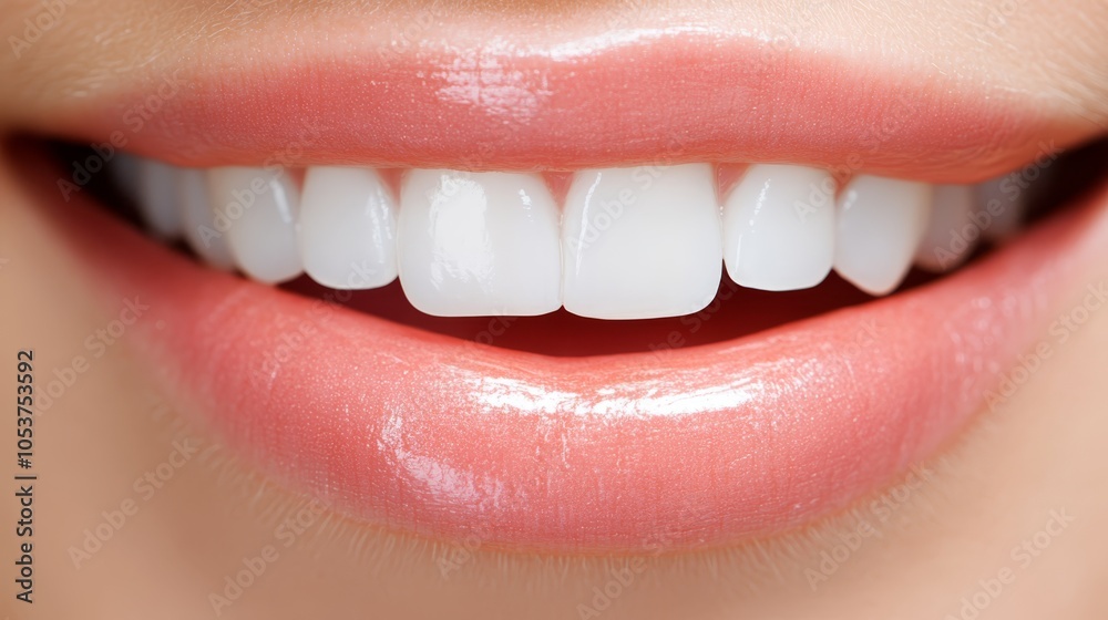 A tight shot of white teeth and gleaming gums in an upper woman's mouth A tight shot of white teeth and gleaming gums in an upper woman's mouth