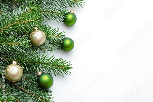 Festive green and gold Christmas baubles on pine branches
