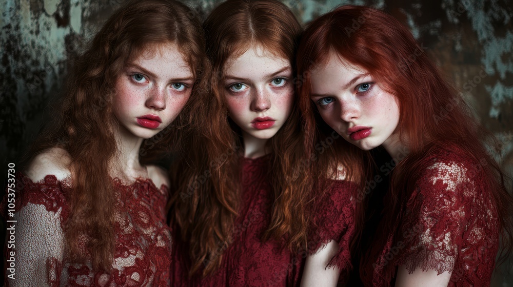 Three young women, each with red hair and blue eyes, pose before a grunge-textured wall Three young women, each with red hair and blue eyes, pose before a grunge-textured wall