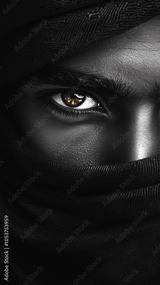 Naklejka premium Mysterious Brown Eye Under Dark Veil