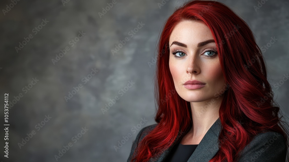 Fototapeta premium A woman with long red hair and blue eyes poses against a gray backdrop, wearing a black blazer