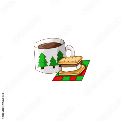 a cup of cocoa and a marshmallow s'more on the green and red handkerchief.
