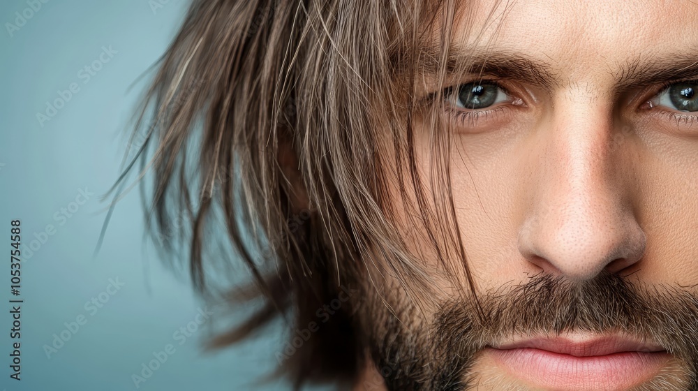 long hair frames it, a goatee adorns the upper part long hair frames it, a goatee adorns the upper part