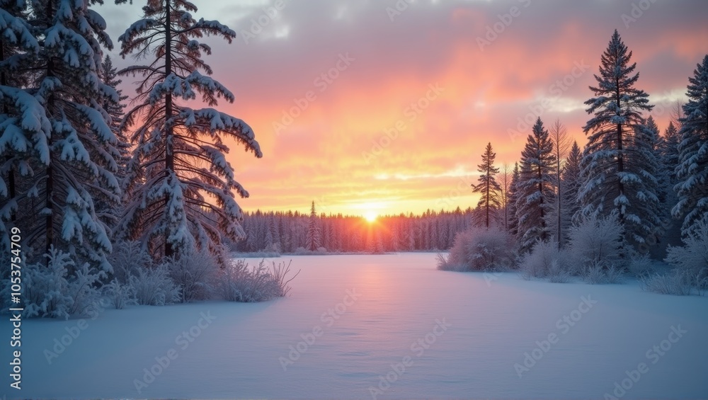 Winter landscape at sunset with snow-covered trees and a frozen lake, serene and tranquil nature scene. Generative, AI,