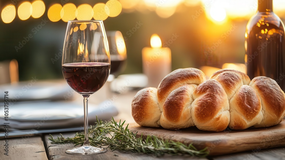 Fototapeta premium Beautifully set table for Hanukkah, featuring challah bread and wine, Hanukkah feast, Jewish culinary traditions