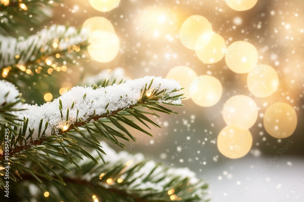 Snow-dusted fir branches with warm lights Snow-dusted fir branches with warm lights