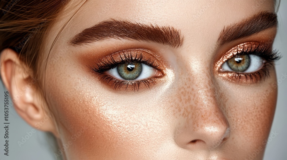 Fototapeta premium A tight shot of a woman's freckled face with accentuated makeup and freckled eyelashes