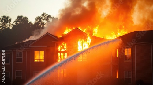 Firefighter Directing High Pressure Water Hose at Intense Blaze Engulfing an Apartment Complex Attempting to Control the Raging Fire and Protect the Building from Complete Destruction