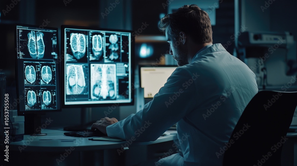 Naklejka premium Healthcare worker using computer, modern medical technology, digital health solutions, rear angle