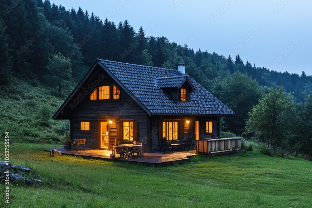 Fototapeta premium Cozy wooden cabin glowing in the forest at twilight