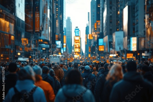 Crowd walking on times square in new york city at dusk photo