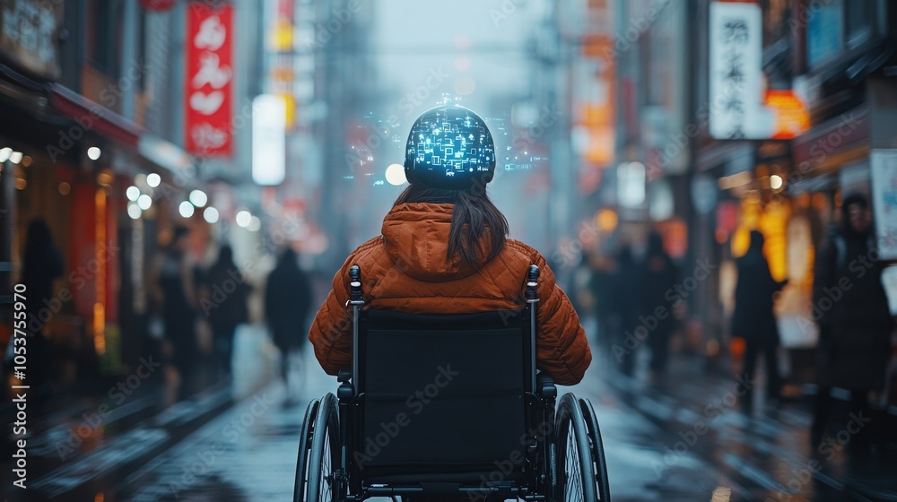 Obraz premium A wheelchair user explores lively city streets aglow with lights at twilight