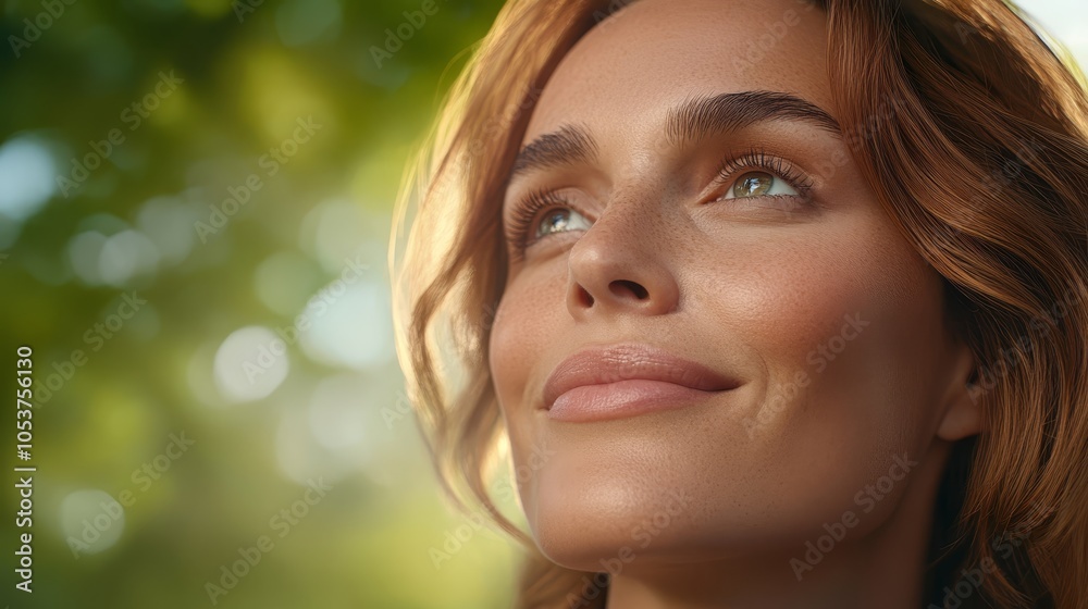 Fototapeta premium A woman gazes at the sky, her face filled with wonder, a tree looming behind