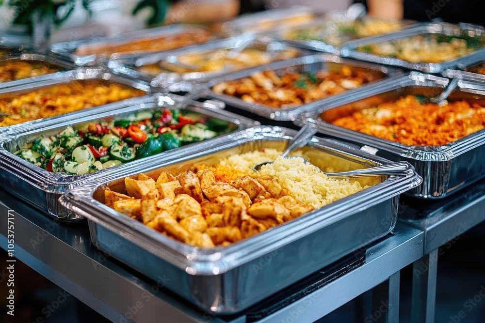 Delicious buffet is waiting to be eaten during a catered event Delicious buffet is waiting to be eaten during a catered event