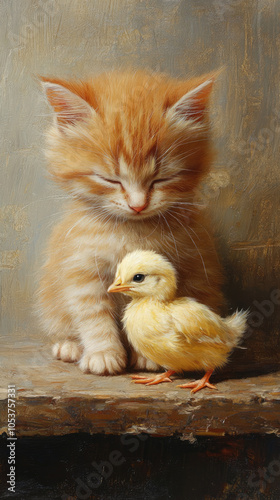 Cute kitten and chick together, serene moment, soft natural lighting. photo