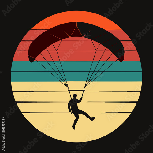 Man Paragliding Silhouette on Retro Vintage Background Vector Art Illustration T-shirt Design Art.