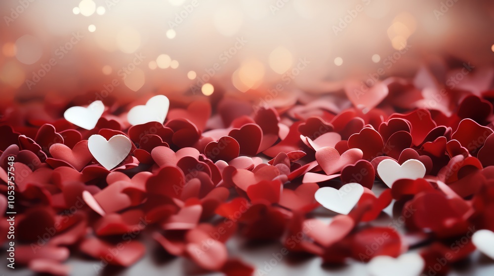 A scattering of red and white paper hearts with a bokeh background, perfect for Valentine's Day. A scattering of red and white paper hearts with a bokeh background, perfect for Valentine's Day.