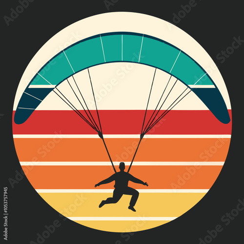 Man Paragliding Silhouette on Retro Vintage Background Vector Art Illustration T-shirt Design Art.